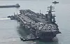 The American nuclear-powered aircraft carrier USS Nimitz enters the Busan Korea Fleet Command port on March 28, 2023. [SONG BONG-GEUN]