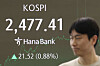 A screen in Hana Bank's trading room in central Seoul shows the Kospi closing at 2477.41 points on April 15, up 21.52 points, or 0.88 percent, from the previous trading session. [YONHAP]