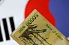 A 50,000 won ($35.06) banknote is seen in front of the Korean national flag. [REUTERS/YONHAP]
