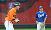 Hanwha Eagles captain Chae Eun-seong cheers after hitting a go-ahead double with two outs and runners on second and third in the bottom of the sixth inning during Game 1 of the second round of the 2025 KBO playoffs against the Samsung Lions at Daejeon Hanwha Life Ballpark in Daejeon on Oct. 18. [NEWS1]