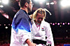 Korean judoka Kim Ji-su, right, reacts after losing to Lubjana Piovesana of Austria in the women’s -63 kilogram repechage contest at the Paris Olympics on Tuesday at the Champ-de-Mars Arena in Paris. [JOINT PRESS CORPS]