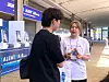 Krystyna Zheludkova, general manager of Seoul Global Center's Korean education, talks with a visitor at a job fair. [KRYSTYNA ZHELUDKOVA]