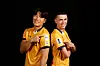 Gwangju FC midfielder Park Tae-jun, left, poses for a photo with his teammate Jasir Asani during an interview with the JoongAng Ilbo in Incheon on April 20. [JOONGANG ILBO]