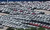 Export-ready cars are parked at a port in Pyeongtaek, Gyeonggi on June 30. [YONHAP]