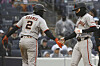 San Francisco Giants' Willy Adames, left, and Lee Jung-hoo, react after scoring during the sixth inning of a MLB game against the New York Yankees in New York on April 12. [AP/YONHAP]