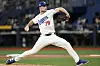 Los Angeles Dodgers' starting pitcher Michael Grove pitches during the first inning of an exhibition game between the Los Angeles Dodgers and Kiwoom Heroes at Gocheok Sky Dome in western Seoul on Sunday. [AP/YONHAP]