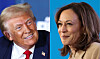 This combination of pictures shows former U.S. President and Republican presidential candidate Donald Trump, left, taking part in a roundtable discussion hosted by Building America's Future in Drexel Hill, Pennsylvania, on Oct. 29 and U.S. Vice President and Democratic presidential candidate Kamala Harris, right, during a campaign rally in Charlotte, North Carolina, on Nov. 2. [AFP/YONHAP]