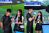 Son Heung-min, left, is interviewed after a friendly between Tottenham Hotspur and Newcastle United at Seoul World Cup Stadium on Aug. 3. Tottenham's Ben Davies, right, also speaks with the same reporter. [SCREEN CAPTURE]