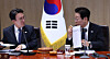 President Lee Jae Myung, right, speaks with Prime Minister Kim Min-seok during the 48th Cabinet meeting at the presidential office in Yongsan District, central Seoul, on Nov. 4. [JOINT PRESS CORPS]