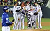 The LG Twins celebrate after winning a KBO game against the Samsung Lions at Jamsil Baseball Stadium in southern Seoul on April 15. [NEWS1]