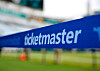 An advertisement for Ticketmaster is viewed along an area reserved for special guests on the sideline of the field before an NFL football game in Jacksonville, Florida, United States, on Sept. 15, 2024. [AP/YONHAP]