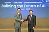 Samsung Electronics Executive Chair Lee Jae-yong, left, and OpenAI CEO Sam Altman pose for a commemorative photo after signing a letter of intent with four Samsung affiliates to collaborate on OpenAI’s $500 billion Stargate project. [SAMSUNG ELECTRONICS]