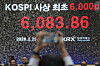 A screen shows the Kospi at over 6,000 points during a ceremony at the Korea Exchange in central Seoul on Feb. 25. [AP/YONHAP]