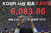 A screen shows the Kospi at over 6,000 points during a ceremony at the Korea Exchange in central Seoul on Feb. 25. [AP/YONHAP]