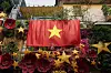 A giant Vietnamese national flag hangs from a balcony in the old quarter of Hanoi, Vietnam on Sept. 1. [AP/YONHAP]