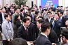 President Lee Jae Myung, center, greets reporters after his first formal press conference marking 30 days in office at the Blue House compound in central Seoul on July 3. [JOINT PRESS CORPS]