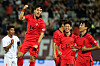 Korea's Paik Sang-hoon, left, celebrates scoring a goal during an AFC U-23 Asian Cup qualifier against Myanmar at Changwon Football Center in Changwon, South Gyeongsang on Tuesday. [NEWS1]