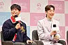 Actor Park Bo-gum, left, speaks alongside band leader Jeong Dong-hwan during a press conference for the KBS music show ″The Seasons 〈Park Bo Gum’s Cantabile〉″ held in Yeouido, western Seoul, on March 11. [KBS]