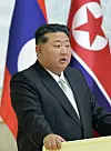 North Korean leader Kim Jong-un gives a speech to welcome Lao President Thongloun Sisoulith on Oct. 7 during the latter's visit to Pyongyang. [RODONG SINMUN]