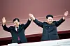 North Korean leader Kim Jong-un, right, stands with visiting Chinese official Liu Yunshan during a parade in Pyongyang, North Korea, on Oct. 10, 2015. [AP/YONHAP]