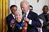 U.S. President Joe Biden presents the Presidential Medal of Freedom to Primatologist, Ethologist and Anthropologist Jane Goodall, during a ceremony in the East Room of the White House, in Washington, Jan. 4. [REUTERS/YONHAP]
