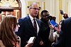 U.S. Senate Majority Leader John Thune (R-SD) speaks to reporters as he walks to the Senate floor, more than a month into the longest U.S. government shutdown in Washington, D.C., U.S., on Nov. 10. [REUTERS/YONHAP]