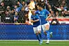 KRC Genk forward Oh Hyeon-gyu, right, celebrates scoring during a Belgian Pro League match against K.V. Mechelen at the Cegeka Arena in Genk, Belgium, on Saturday. [AFP/YONHAP]