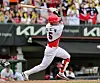 Kia Tigers infielder Kim Do-yeong hits a home run at the top of the fourth of a game between the Tigers and the Hanwha Eagles at Gwangju-Kia Champions Field in Gwangju on June 23. [YONHAP]
