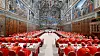 Cardinals pray in the Sistine Chapel, ahead of the conclave to elect the next pope at the Vatican, May 7. [REUTERS/YONHAP]