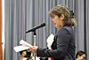 Yukiko Okano, director-general for cultural affairs at Japan's Foreign Ministry, delivers remarks at a memorial ceremony commemorating the victims of a World War II mine complex in Sado, Japan, on Sept. 13. [YONHAP]