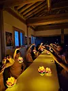 Participants to the LED lantern craft session at Naesosa in Gyeonggi hold up their lotus lanterns [CULTURAL CORPS OF KOREAN BUDDHISM]