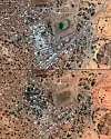 This combination of pictures created on Jan. 14, shows, top, a handout image courtesy of Maxar Technologies showing an overview of the market area at the entrance to the Zamzam camp near North Darfur's besieged capital El-Fasher on Jan. 14, 2025, and the same location on Feb. 13, bottom, with heavy damage. Last week, shelling and gunfire shook the streets as the Rapid Support Forces, at war with the army for nearly two years, stormed the famine-stricken camp in the Darfur region, turning the site into a ″killing field.″ [AFP/YONHAP]