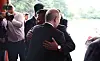 Russian President Vladimir Putin hugs North Korean leader Kim Jong-un after a meeting in Beijing on Sept. 3. The two leaders met during China's Victory Day celebrations held the same day. [UPI/YONHAP]
