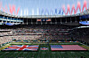 The Union Jack and United States flags are presented on the field during the singing of the national anthem before an NFL football game between the Green Bay Packers and the New York Giants at Tottenham Hotspur Stadium in London, on Oct. 9, 2022. [AP/YONHAP]