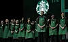 Starbucks baristas stand on stage, March 20, 2019, during an annual shareholders' meeting in Seattle. [AP/YONHAP]