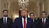 U.S. President Donald Trump speaks from the East Room of the White House in Washington, on June 21, after the U.S. military struck three Iranian nuclear and military sites, directly joining Israel's effort to decapitate the country's nuclear program, as Vice President JD Vance, Secretary of State Marco Rubio and Defense Secretary Pete Hegseth listen. [AP/YONHAP]