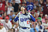 Shohei Ohtani of the Los Angeles Dodgers reacts after striking out in the third inning against the Philadelphia Phillies in game one of the Division Series at Citizens Bank Park on Oct. 4, in Philadelphia. [AFP/YONHAP]