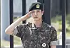 BTS member Jin salutes after being discharged from mandatory military service in Yeoncheon County, Gyeonggi on June 12, 2024. [NEWS1]