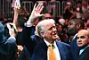 U.S. President Donald Trump waves to the crowd as he attends UFC 314 at the Kaseya Center in Miami, Florida, on April 12. [AFP/YONHAP]