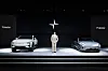 Actor Kim Woo-bin, the new brand ambassador for Polestar Korea, takes a photo with the Polestar lineups a media event on Feb. 11 in central Seoul. [POLESTAR KOREA]