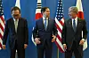US Secretary of State Marco Rubio (C) poses with Japan's Foreign Minister Takeshi Iwaya (R) and Republic of Korea Foreign Minister Cho Tae-yul (L) on the sidelines of a meeting of NATO Ministers of Foreign Affairs at NATO's headquarters in Brussels on April 3, 2025. [ AFP/YONHAP]