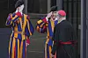 Vatican Swiss Guards salute a cardinal arriving for a meeting of cardinals at the Vatican on April 22. [AP/YONHAP]