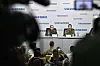 Chinese nationals Zhang Renbo, left, and Wang Guangjung, right, attend a press conference in Kyiv on April 14. Zhang and Wang were captured by Ukrainian forces in the Donetsk region during what they claimed to be their first combat mission on the frontline. [AFP/YONHAP]