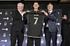 Son Heung-min, center, is introduced as a new member of Los Angeles FC during a press conference for the MLS soccer team Wednesday, Aug. 6, 2025, in Los Angeles. [AP/YONHAP]