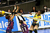 Suwon Hyundai Engineering & Construction Hillstate's Laetitia Moma Bassoko, right, attacks during a 2023-24 V League Championship game at Suwon Gymnasium in Suwon, Gyeonggi on Saturday. [NEWS1]