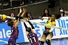 Suwon Hyundai Engineering & Construction Hillstate's Laetitia Moma Bassoko, right, attacks during a 2023-24 V League Championship game at Suwon Gymnasium in Suwon, Gyeonggi on Saturday. [NEWS1]