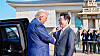 President Lee Jae Myung, right, greets U.S. President Donald Trump upon Trump's arrival at National Gyeongju Museum, the venue for the Korea-U.S. summit, in Gyeongju, North Gyeongsang, on Oct. 29. [PRESIDENTIAL OFFICE]