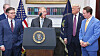 Hyundai Motor Group Executive Chair Euisun Chung announces a $21 billion investment in the United States as U.S. President Donald Trump, second from right, and Louisiana Gov. Jeff Landry, far right, stand in the Roosevelt Room at the White House in Washington on March 24. [SCREEN CAPTURE]