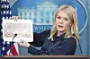 White House press secretary Karoline Leavitt holds up photos of the planned new White House ballroom during a press briefing at the White House in Washington, July 31. [AP/YONHAP]