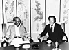 Samsung founder and then chairman Lee Byung-chul (left), now deceased, speaks with Chung Ju-yung, the late founder of Hyundai Group and then chairman of the Federation of Korean Industries, at an FKI event in August 1981. [JOONGANG ILBO]